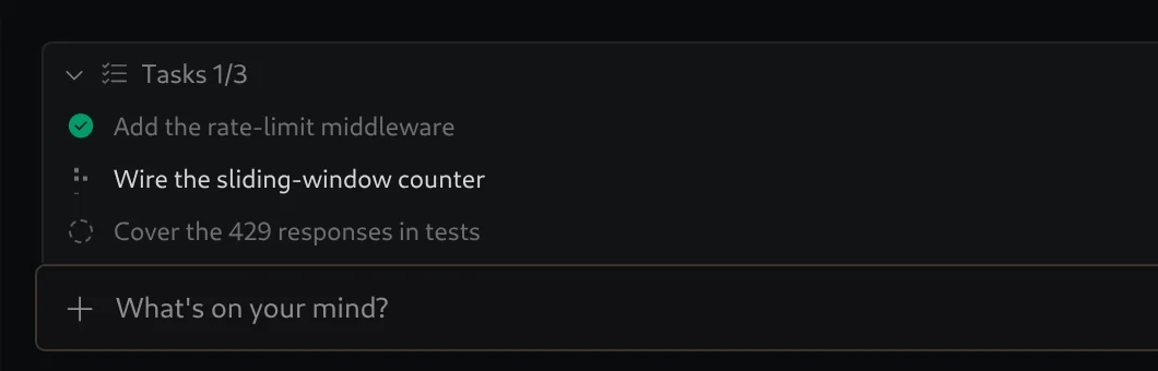 Close-up of the checklist: the rate-limit middleware is done, the sliding-window counter is running, the 429 tests are still queued.