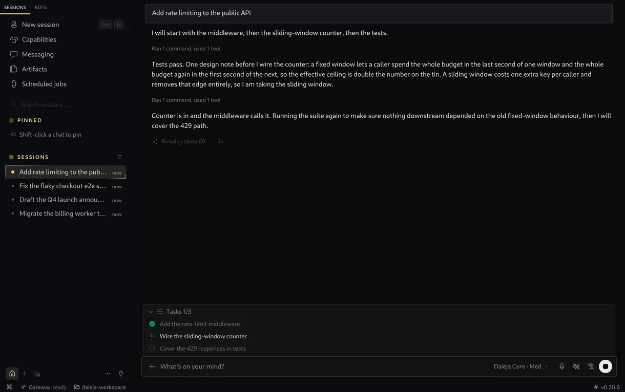 DAIEJA working on a rate-limiting task: a three-step checklist docked above the composer with one step done and one running, terminal output from a passing test suite, and a stop button.