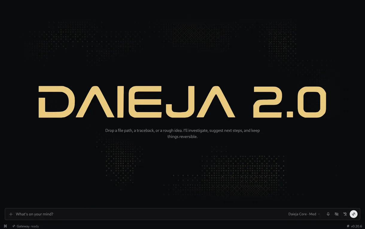 The DAIEJA 2.0 start screen: the gold wordmark on black above an empty prompt that reads start with a goal.