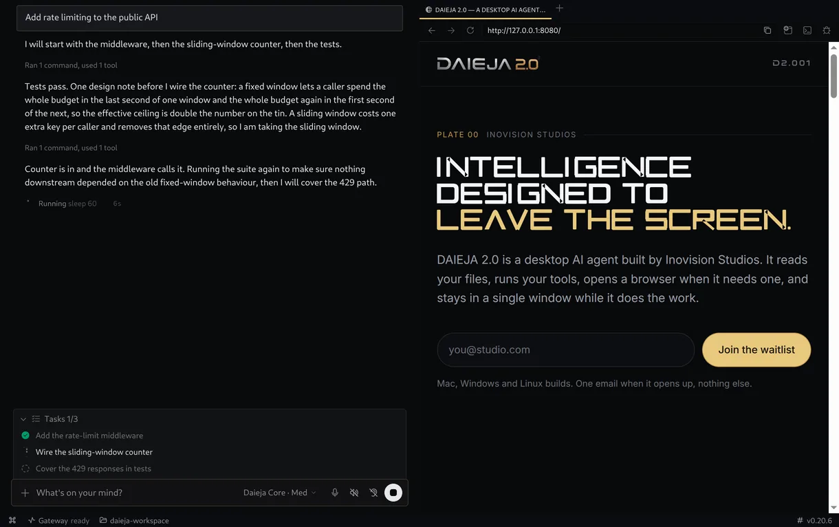 DAIEJA with its chat pane on the left and its built-in browser on the right, showing a page it just built.