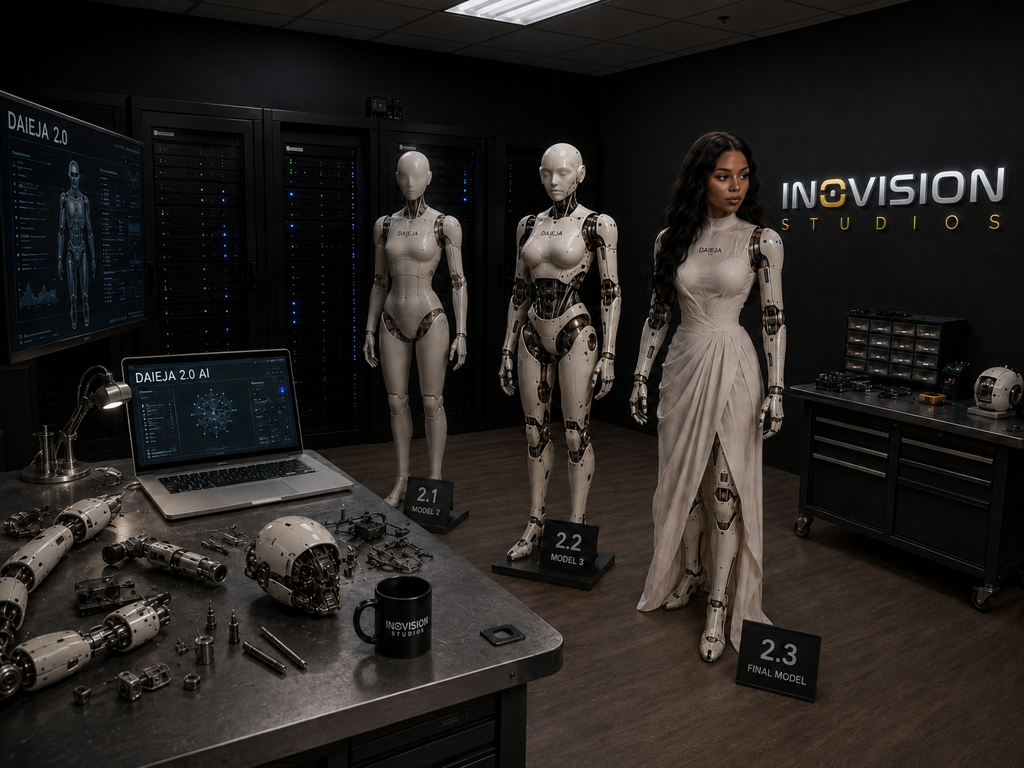 Three generations of Daieja humanoid models in the Inovision Studios robotics lab