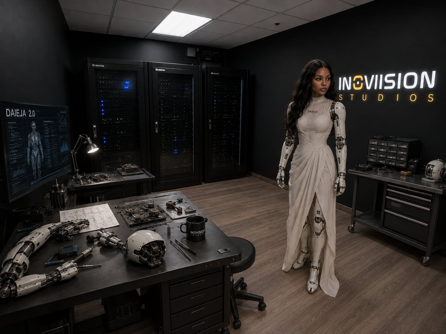 Daieja, a humanoid AI, standing in a dark robotics lab at Inovision Studios