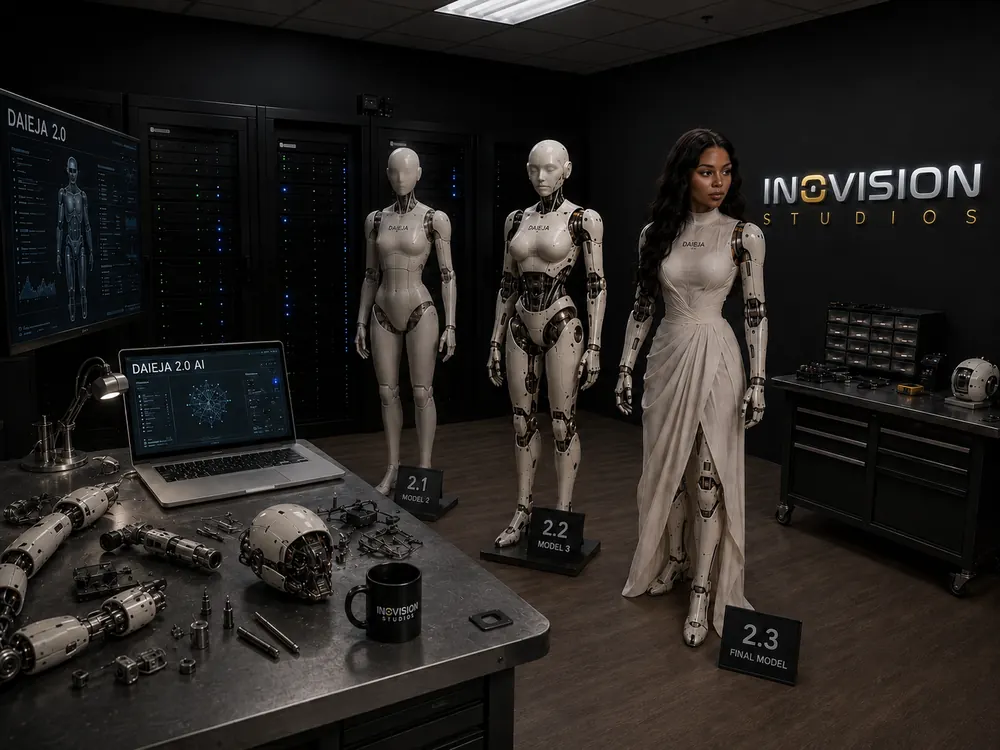 Three DAIEJA units, 2.1 through 2.3, standing together in the Inovision Studios workshop.